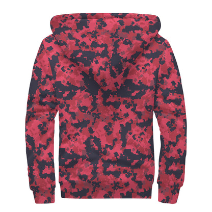 Red And Black Digital Camo Pattern Print Sherpa Lined Zip Up Hoodie