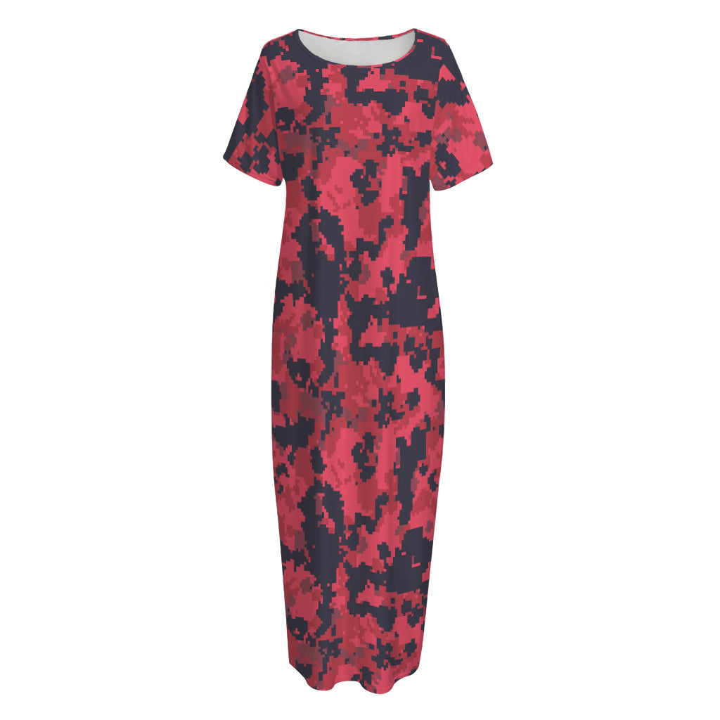 Red And Black Digital Camo Pattern Print Short Sleeve Long Nightdress