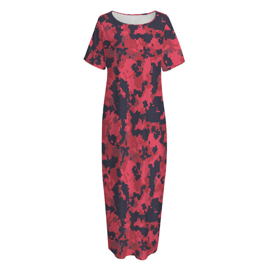 Red And Black Digital Camo Pattern Print Short Sleeve Long Nightdress