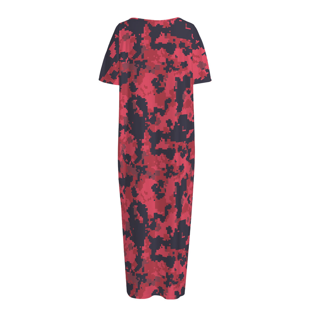 Red And Black Digital Camo Pattern Print Short Sleeve Long Nightdress