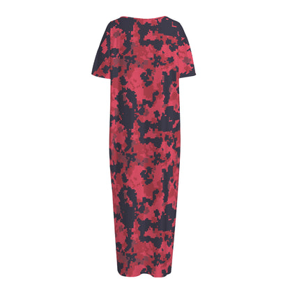 Red And Black Digital Camo Pattern Print Short Sleeve Long Nightdress