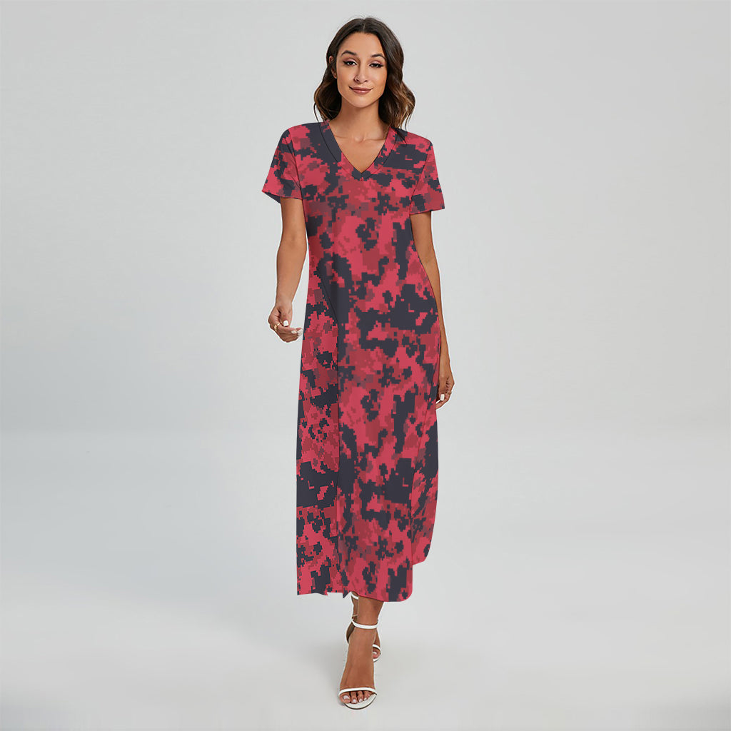 Red And Black Digital Camo Pattern Print Short Sleeve Maxi Dress