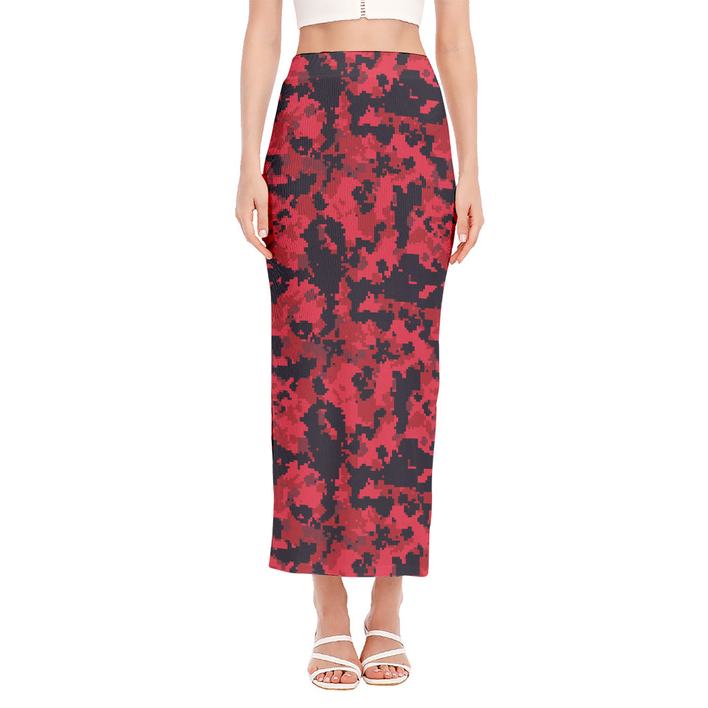 Red And Black Digital Camo Pattern Print Side Slit Maxi Skirt