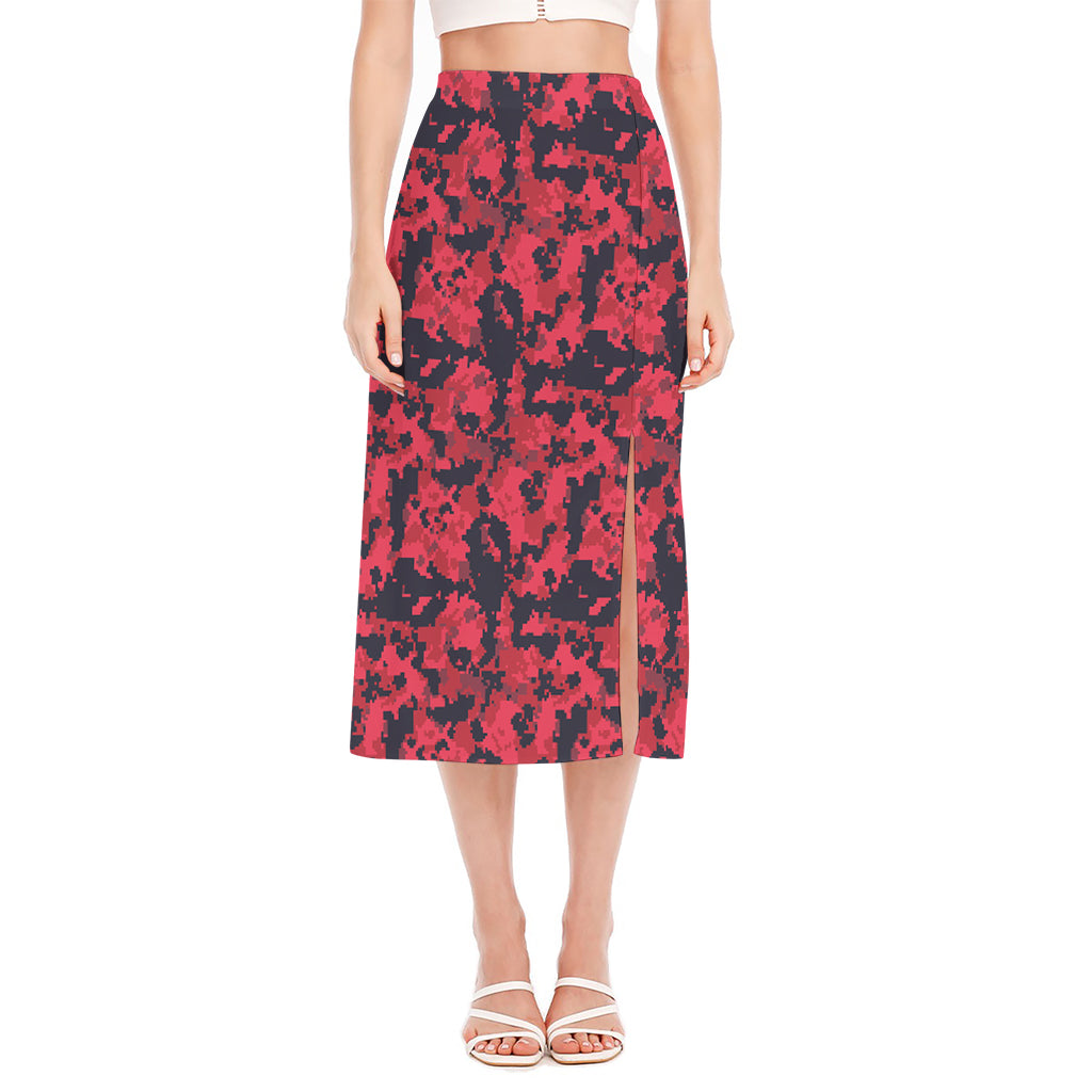 Red And Black Digital Camo Pattern Print Side Slit Midi Skirt