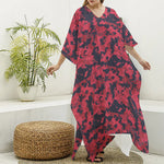 Red And Black Digital Camo Pattern Print Silk V-Neck Kaftan Dress