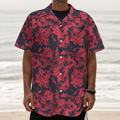 Red And Black Digital Camo Pattern Print Textured Short Sleeve Shirt