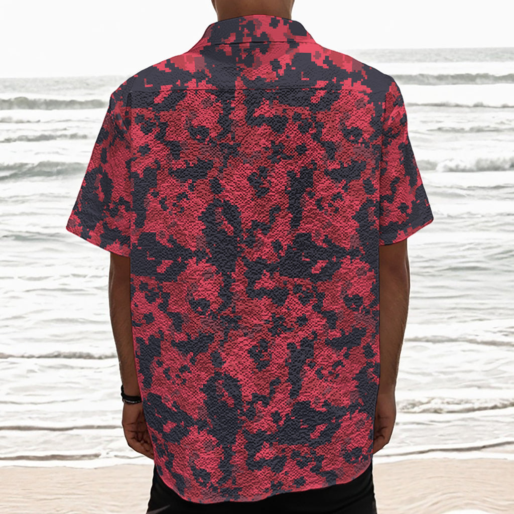 Red And Black Digital Camo Pattern Print Textured Short Sleeve Shirt