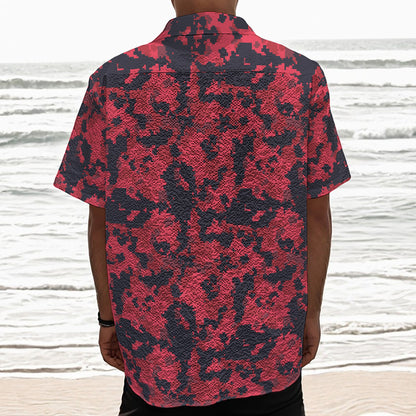 Red And Black Digital Camo Pattern Print Textured Short Sleeve Shirt