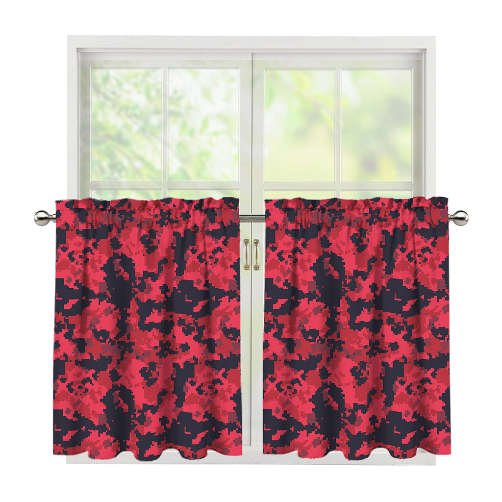 Red And Black Digital Camo Pattern Print Tier Curtains