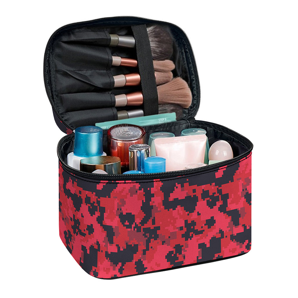 Red And Black Digital Camo Pattern Print Travel Makeup Bag