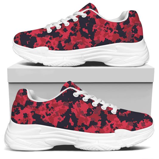 Red And Black Digital Camo Pattern Print White Chunky Shoes