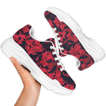 Red And Black Digital Camo Pattern Print White Chunky Shoes