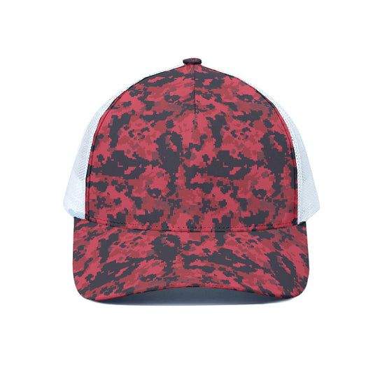Red And Black Digital Camo Pattern Print White Mesh Trucker Cap