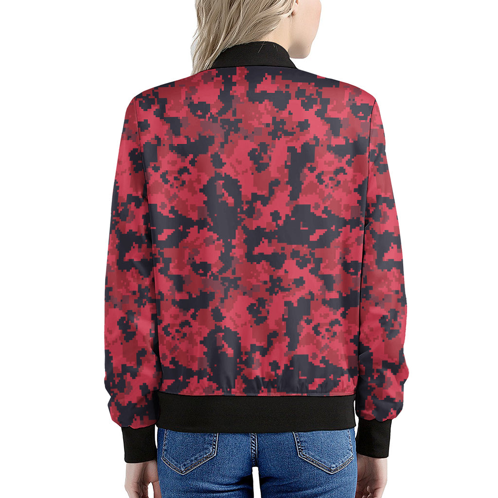 Red And Black Digital Camo Pattern Print Women's Bomber Jacket