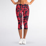 Red And Black Digital Camo Pattern Print Women's Capri Leggings