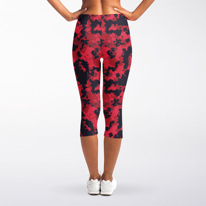 Red And Black Digital Camo Pattern Print Women's Capri Leggings