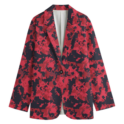 Red And Black Digital Camo Pattern Print Women's Cotton Blazer