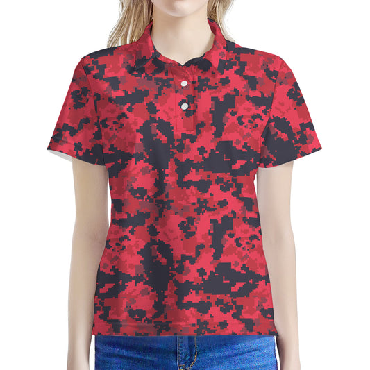 Red And Black Digital Camo Pattern Print Women's Polo Shirt
