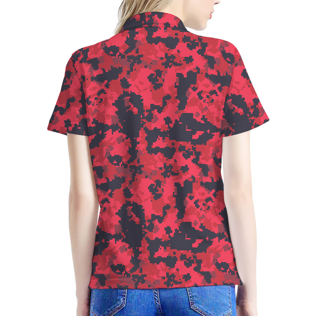 Red And Black Digital Camo Pattern Print Women's Polo Shirt