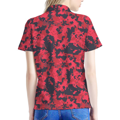 Red And Black Digital Camo Pattern Print Women's Polo Shirt