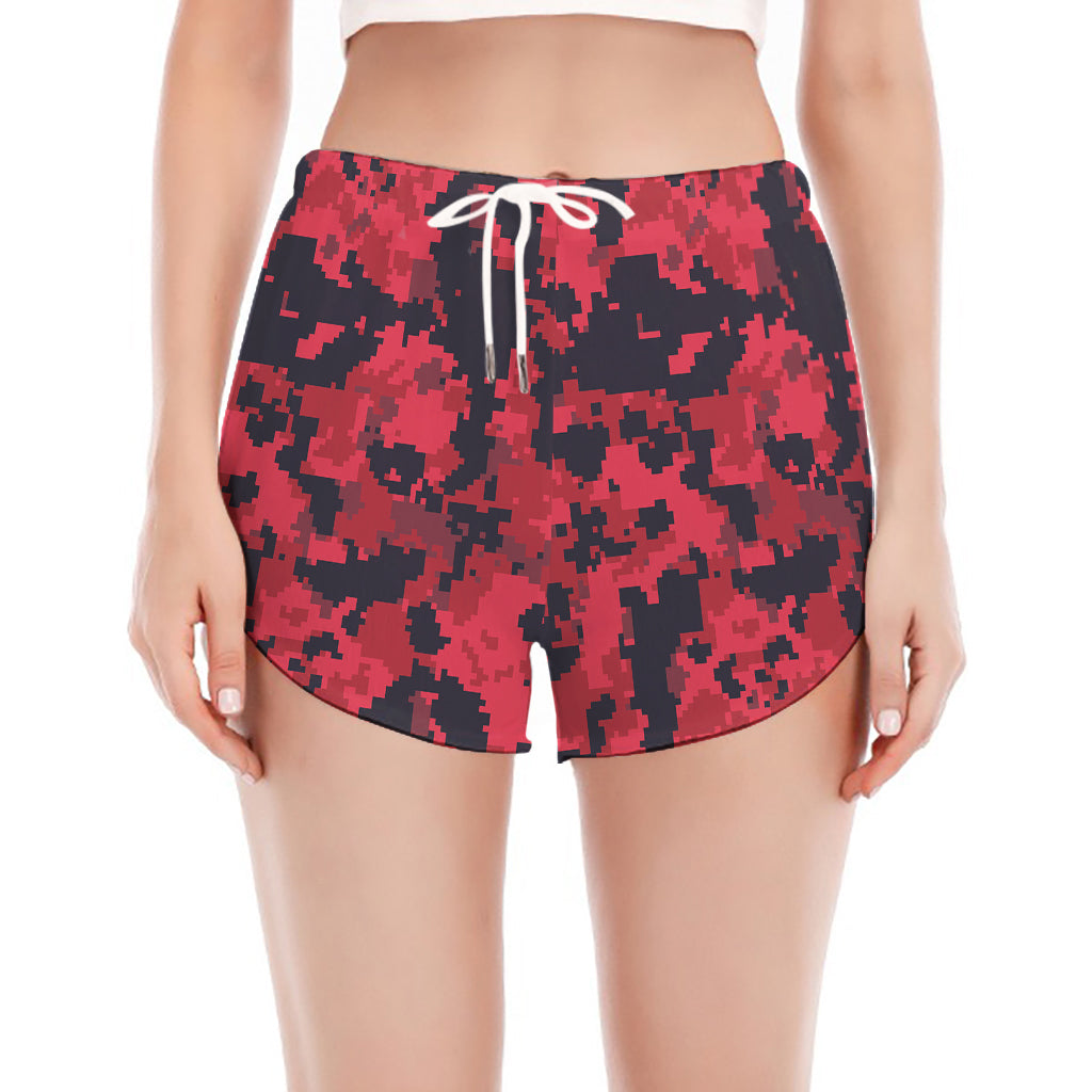 Red And Black Digital Camo Pattern Print Women's Split Running Shorts