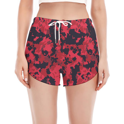 Red And Black Digital Camo Pattern Print Women's Split Running Shorts