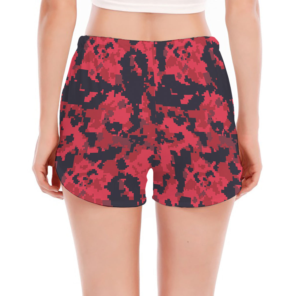 Red And Black Digital Camo Pattern Print Women's Split Running Shorts