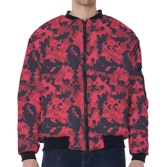Red And Black Digital Camo Pattern Print Zip Sleeve Bomber Jacket