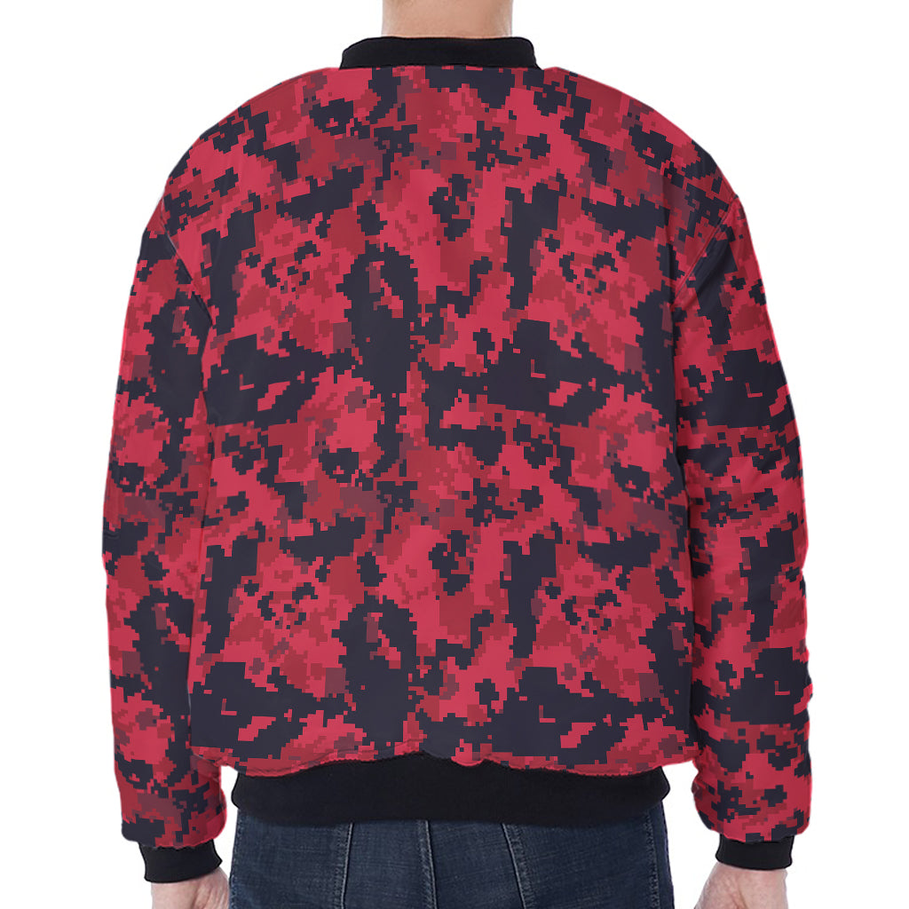 Red And Black Digital Camo Pattern Print Zip Sleeve Bomber Jacket
