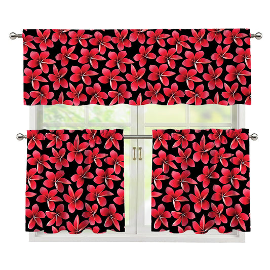 Red And Black Frangipani Pattern Print 3 Piece Kitchen Curtains