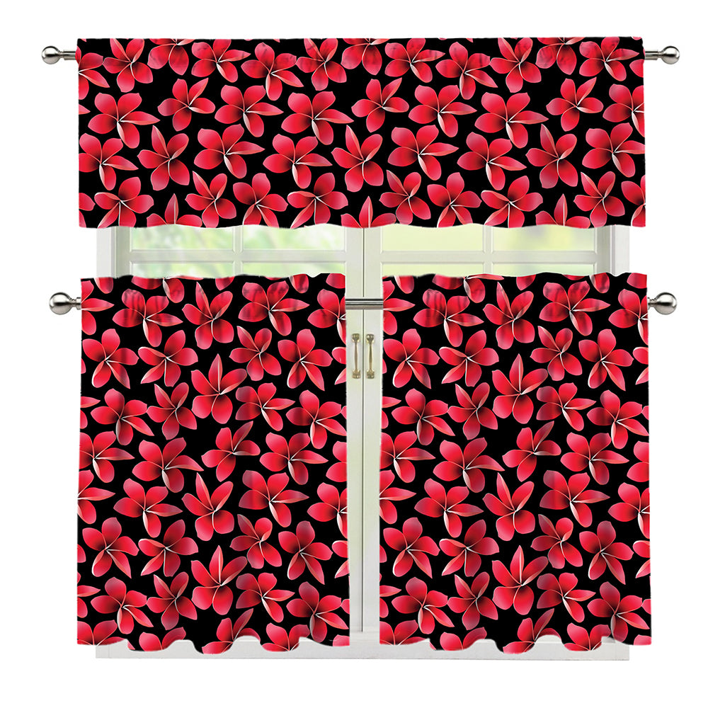 Red And Black Frangipani Pattern Print 3 Piece Kitchen Curtains