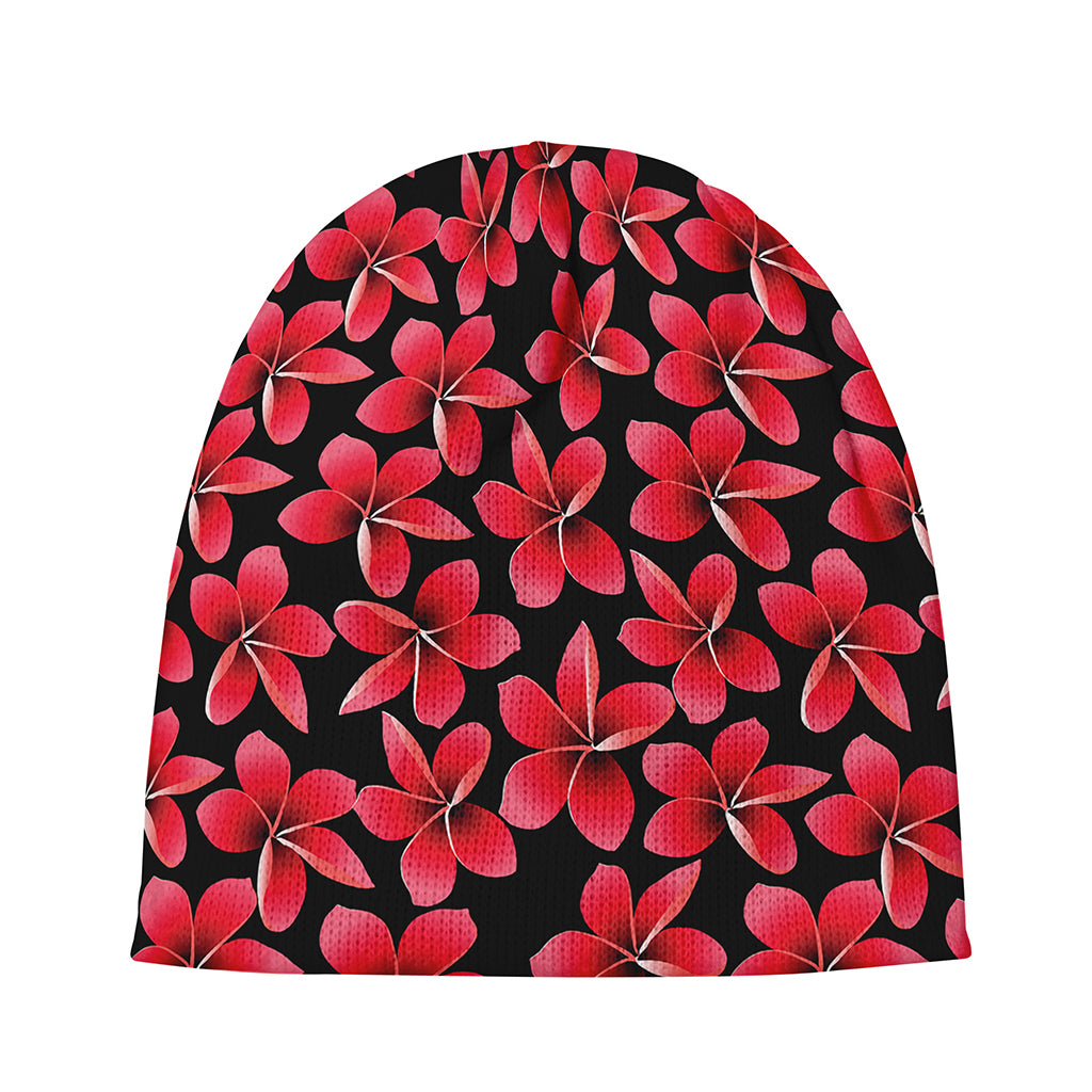 Red And Black Frangipani Pattern Print Beanie