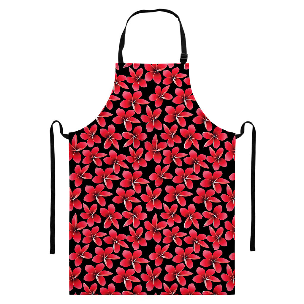 Red And Black Frangipani Pattern Print Bib Apron With Pocket