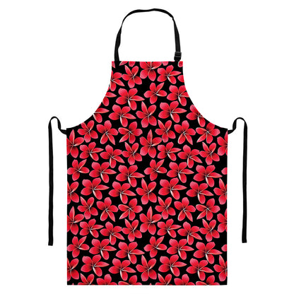 Red And Black Frangipani Pattern Print Bib Apron With Pocket