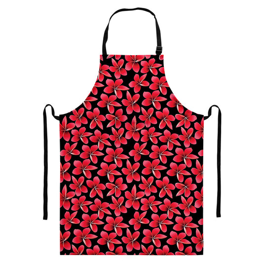 Red And Black Frangipani Pattern Print Bib Apron With Pocket