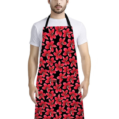 Red And Black Frangipani Pattern Print Bib Apron With Pocket