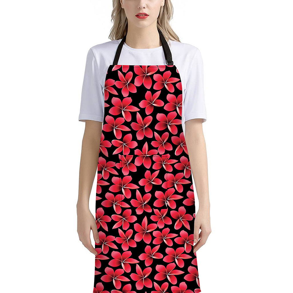 Red And Black Frangipani Pattern Print Bib Apron With Pocket