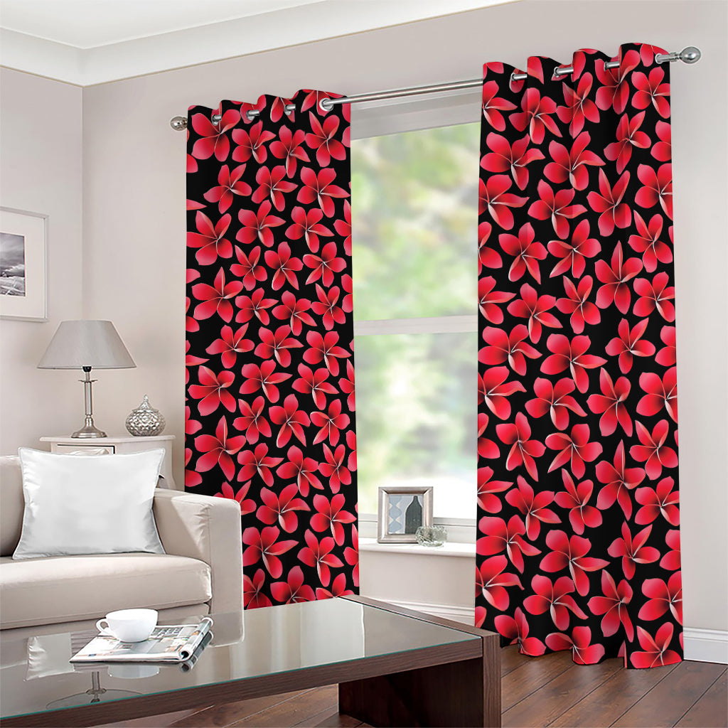 Red And Black Frangipani Pattern Print Blackout Grommet Curtains