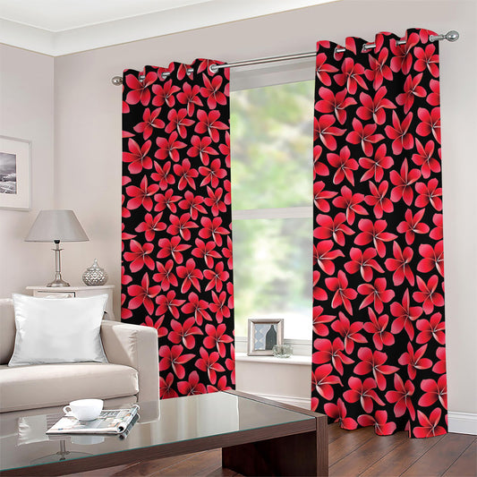 Red And Black Frangipani Pattern Print Blackout Grommet Curtains