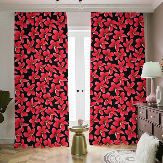 Red And Black Frangipani Pattern Print Blackout Pencil Pleat Curtains