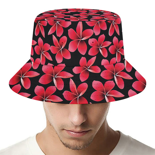 Red And Black Frangipani Pattern Print Bucket Hat