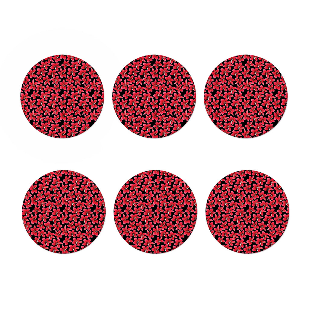 Red And Black Frangipani Pattern Print Coaster Set