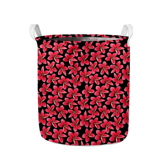 Red And Black Frangipani Pattern Print Collapsible Laundry Basket