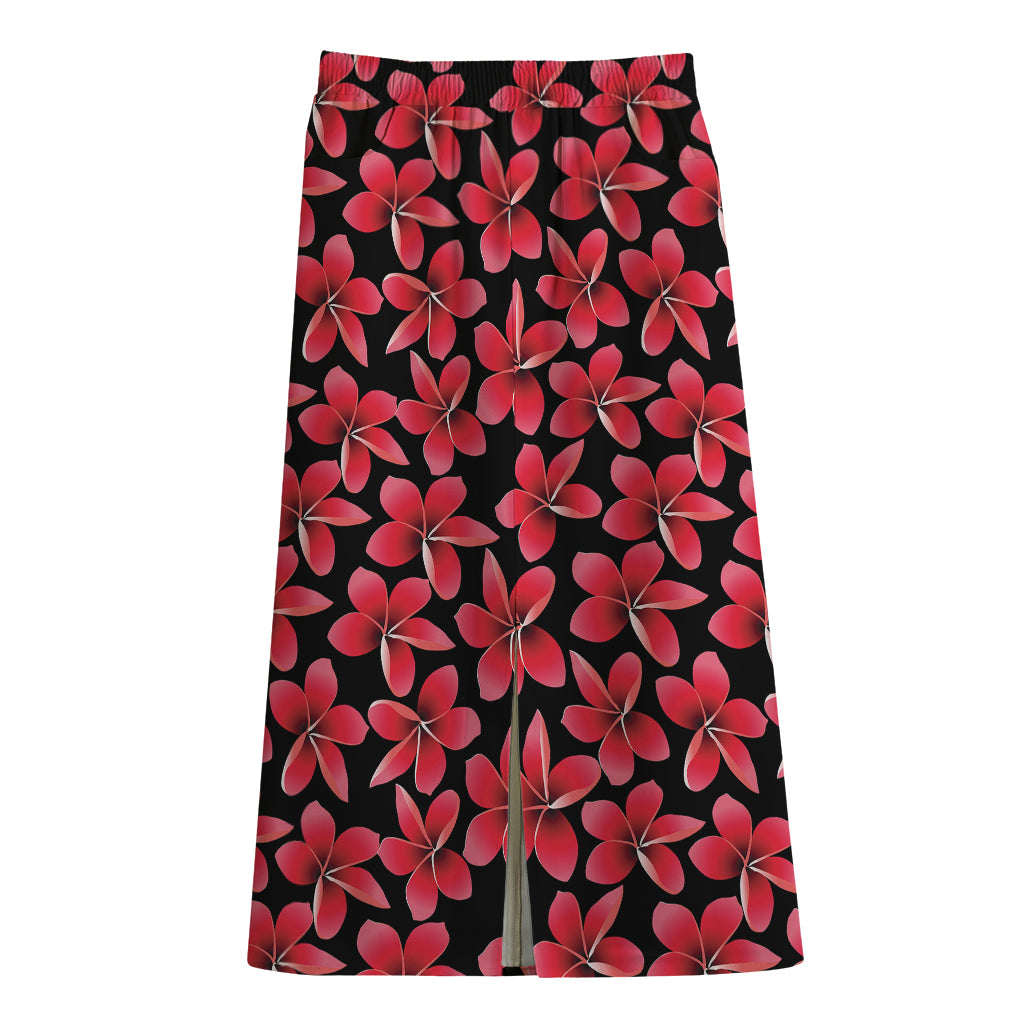 Red And Black Frangipani Pattern Print Cotton Front Slit Maxi Skirt