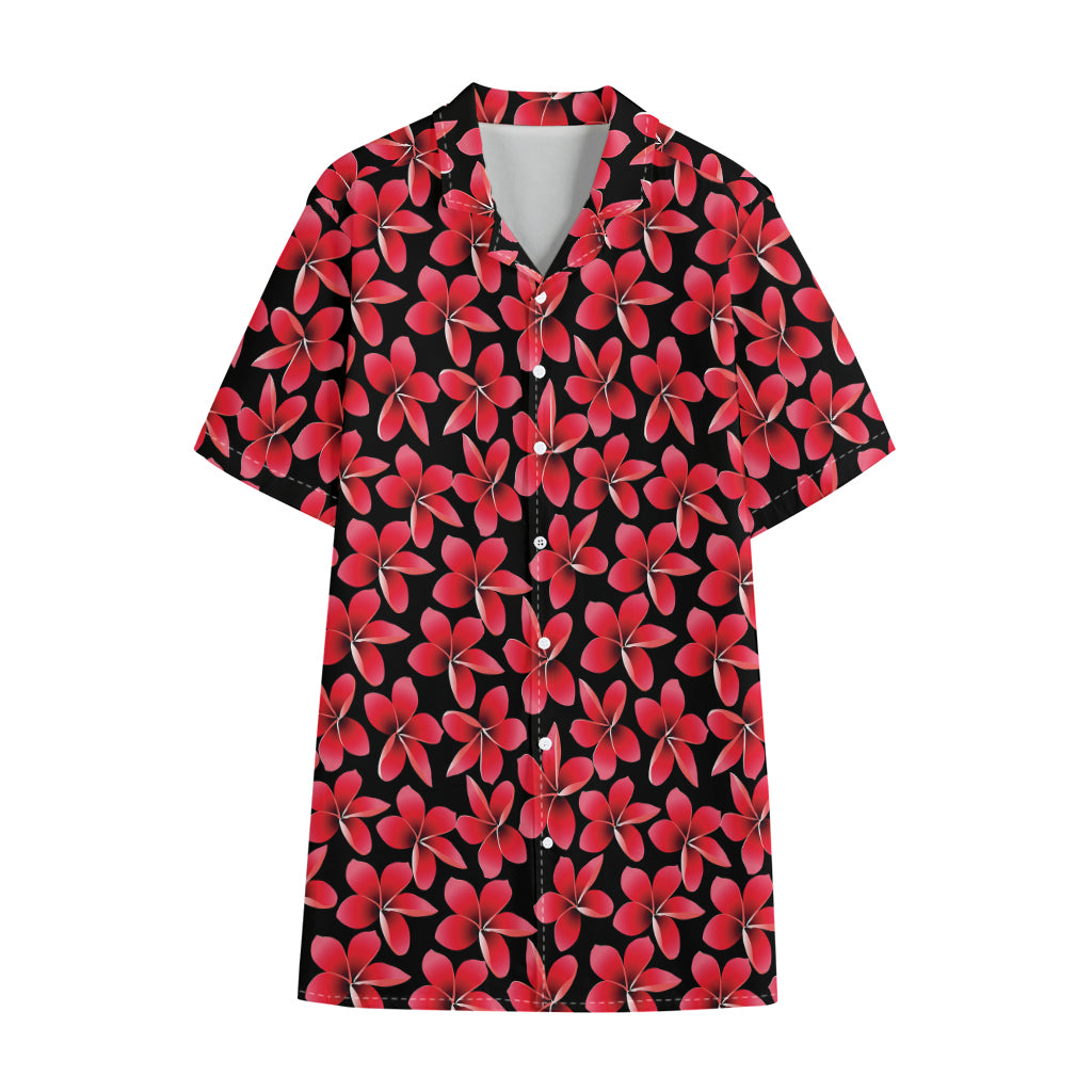 Red And Black Frangipani Pattern Print Cotton Hawaiian Shirt