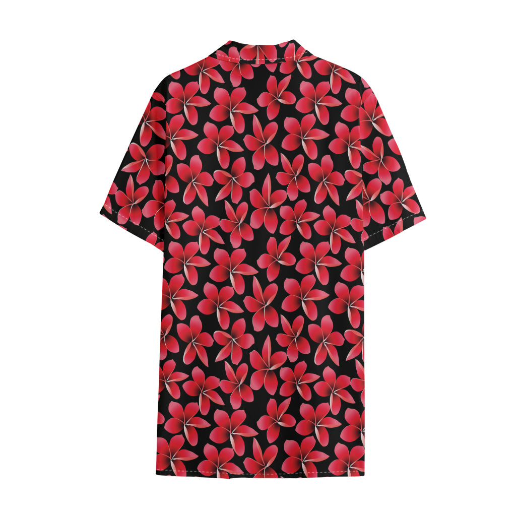 Red And Black Frangipani Pattern Print Cotton Hawaiian Shirt