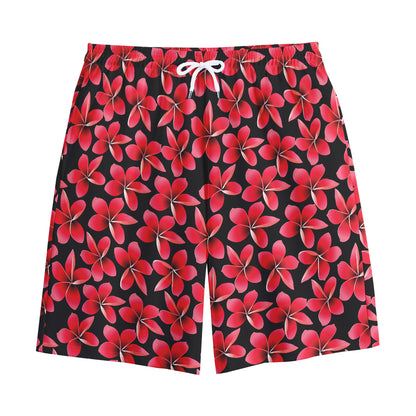 Red And Black Frangipani Pattern Print Cotton Shorts