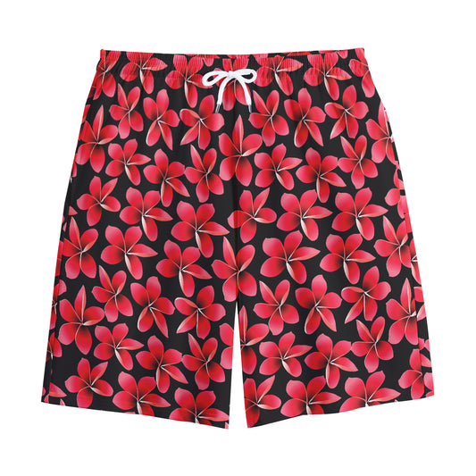 Red And Black Frangipani Pattern Print Cotton Shorts