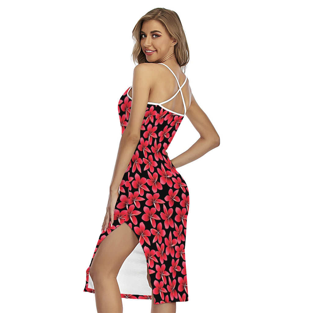 Red And Black Frangipani Pattern Print Cross Back Cami Dress
