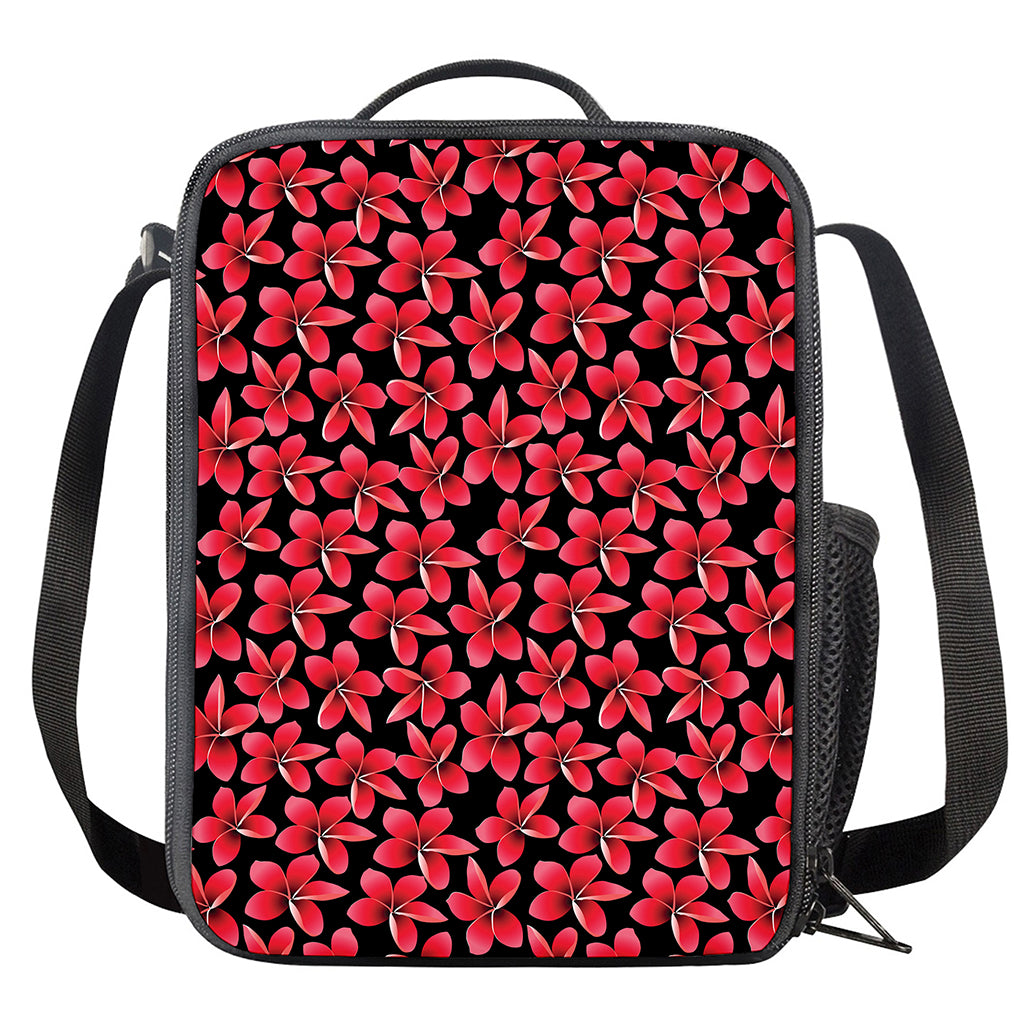 Red And Black Frangipani Pattern Print Crossbody Lunch Bag